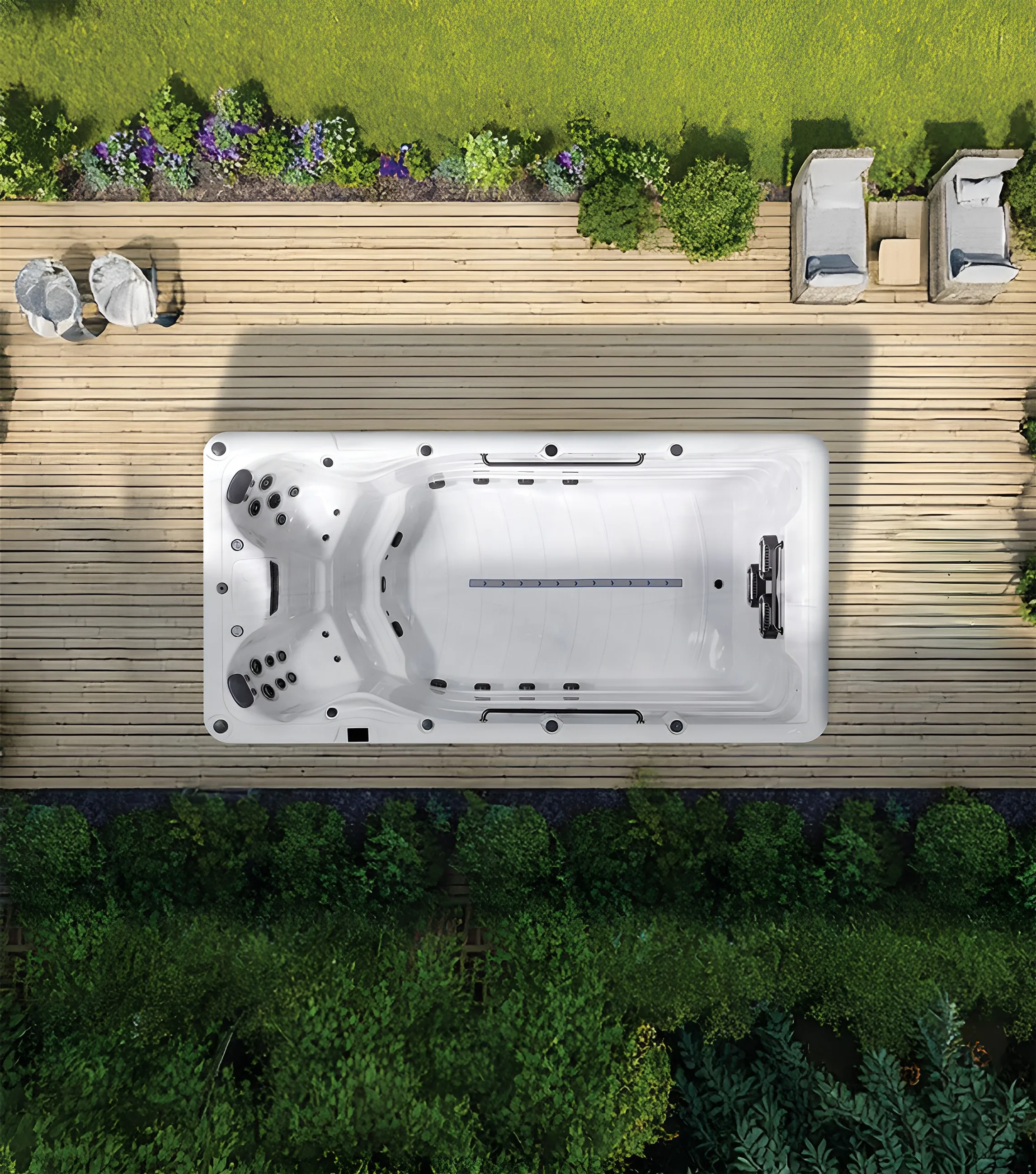 Vista dall’alto della swim spa Eros, con la zona nuoto e le sedute idromassaggio