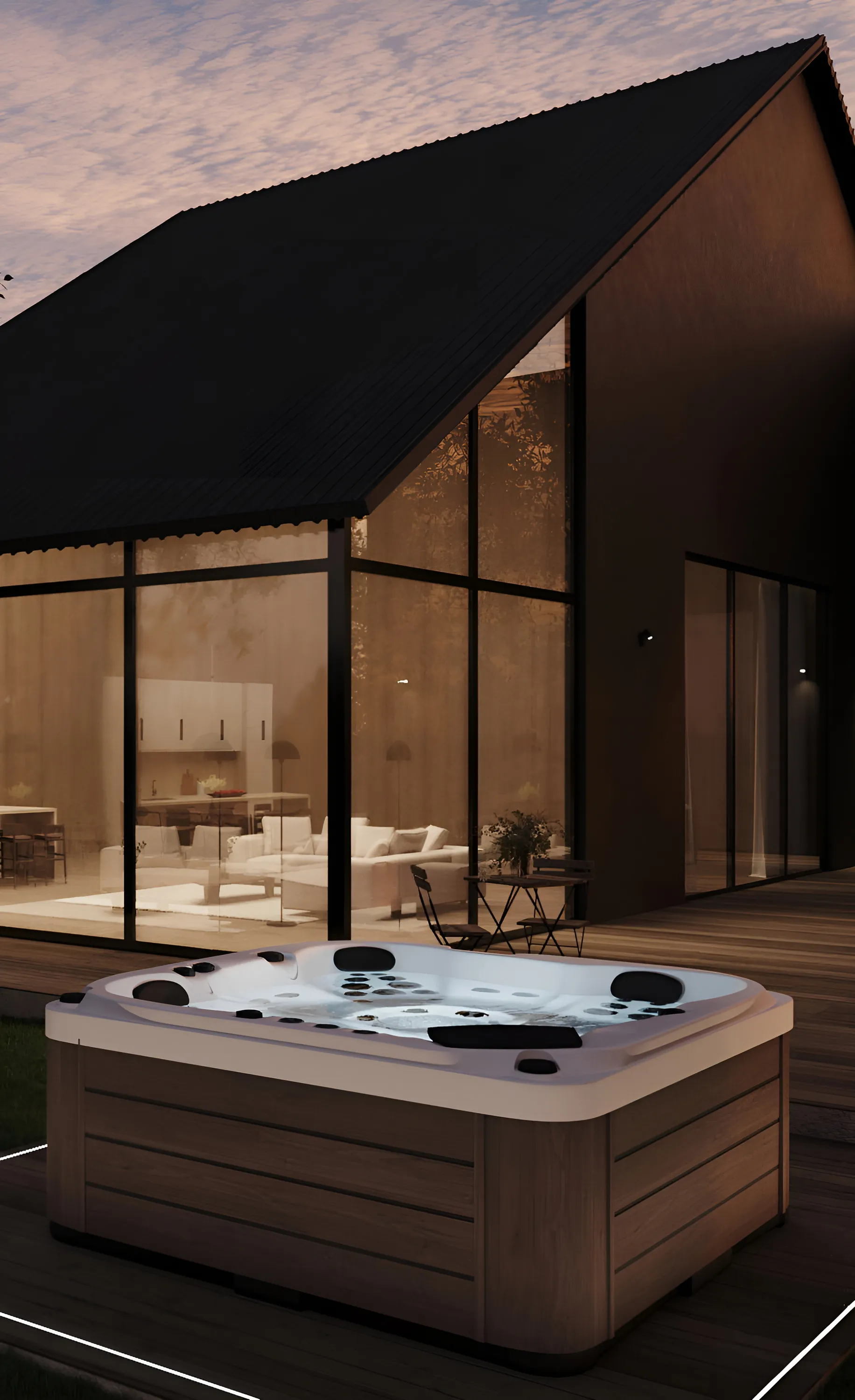 La stessa spa Happy di notte, con i LED accesi sulla linea di galleggiamento