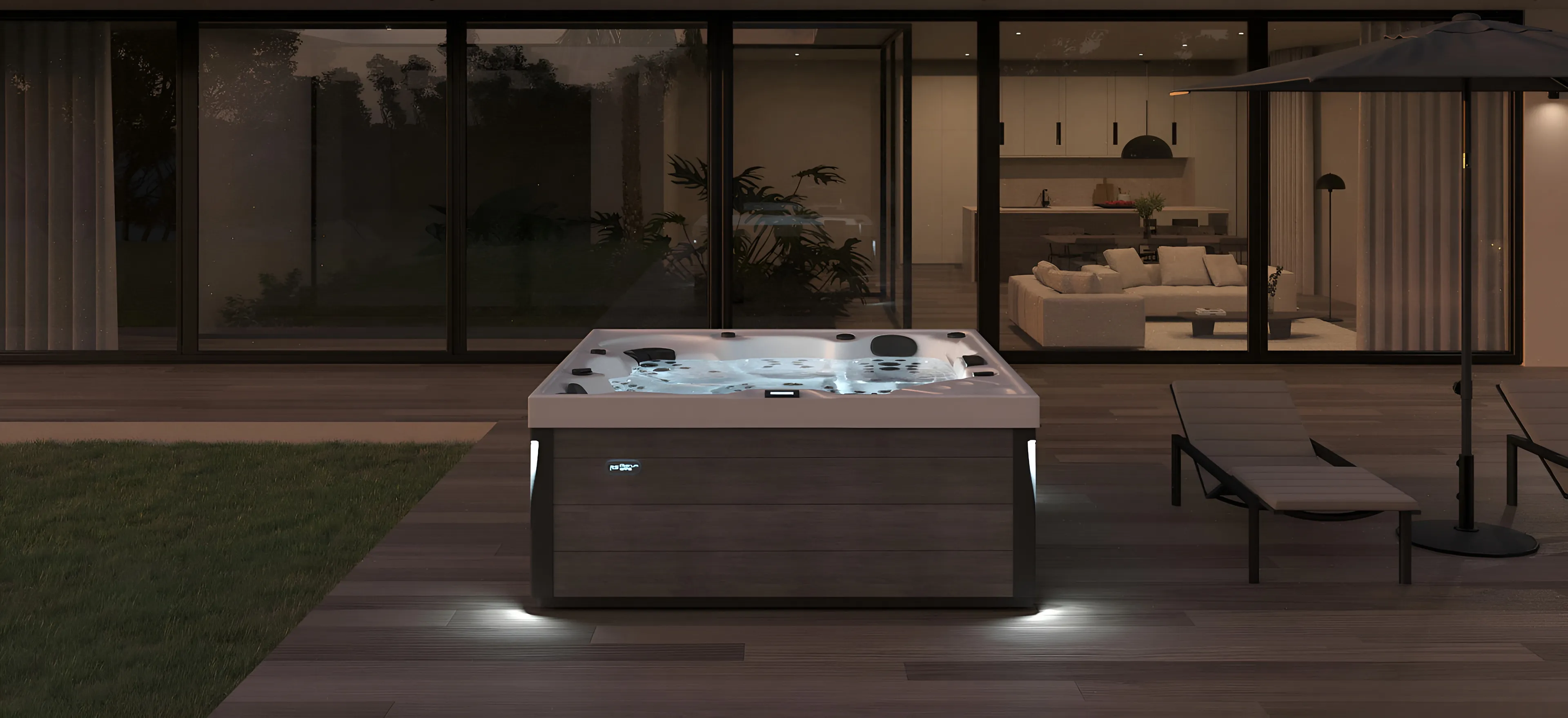 La stessa spa Onyx di notte, con l’illuminazione a LED accesa
