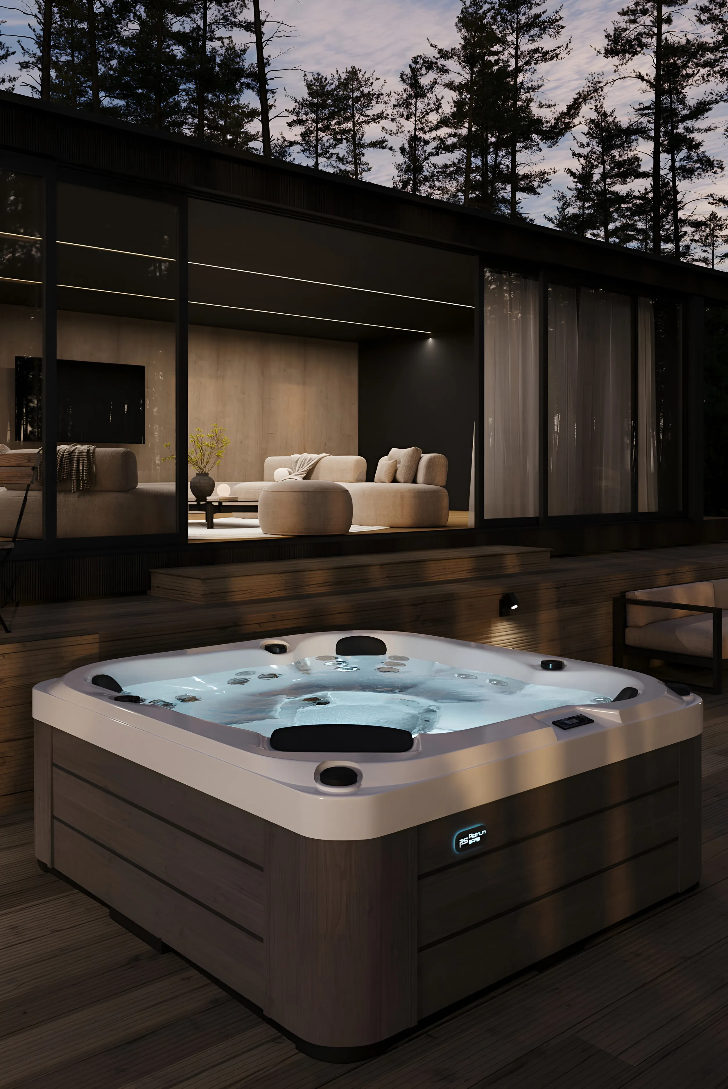 La stessa spa St. Tropez di notte, con l’illuminazione della base accesa