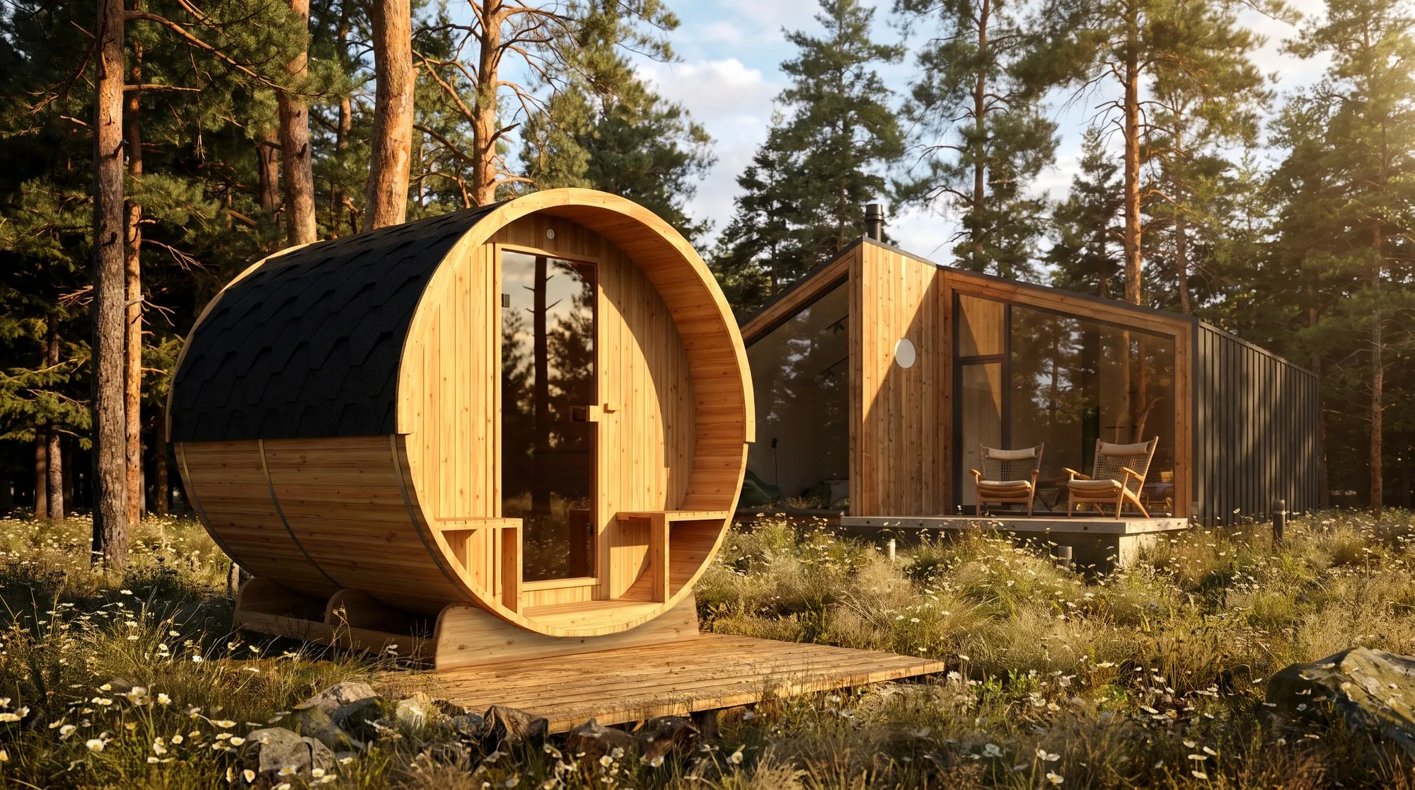 Sauna a botte Hekla Barrel in finitura Scandi appoggiata su una pedana in legno, in un bosco di pini