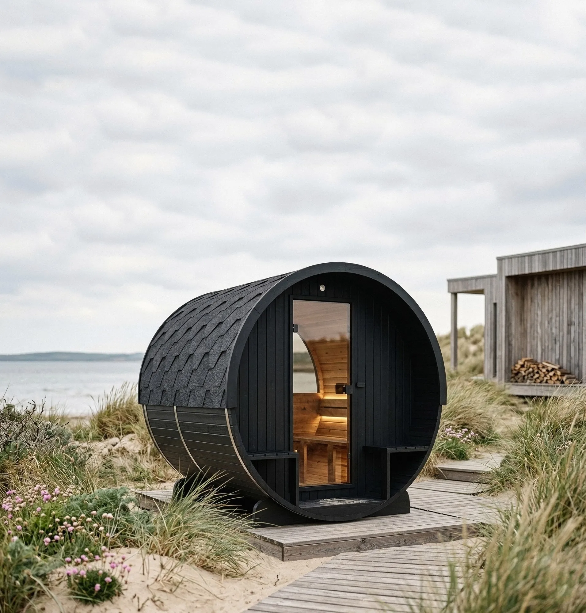 Sauna a botte Hekla Barrel in finitura Nero, su una pedana in legno fra le dune
