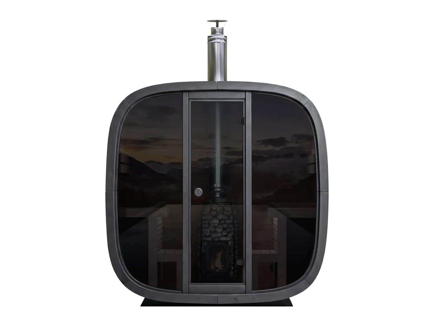 Sauna da esterno Leil Black Cube Comfort vista frontale