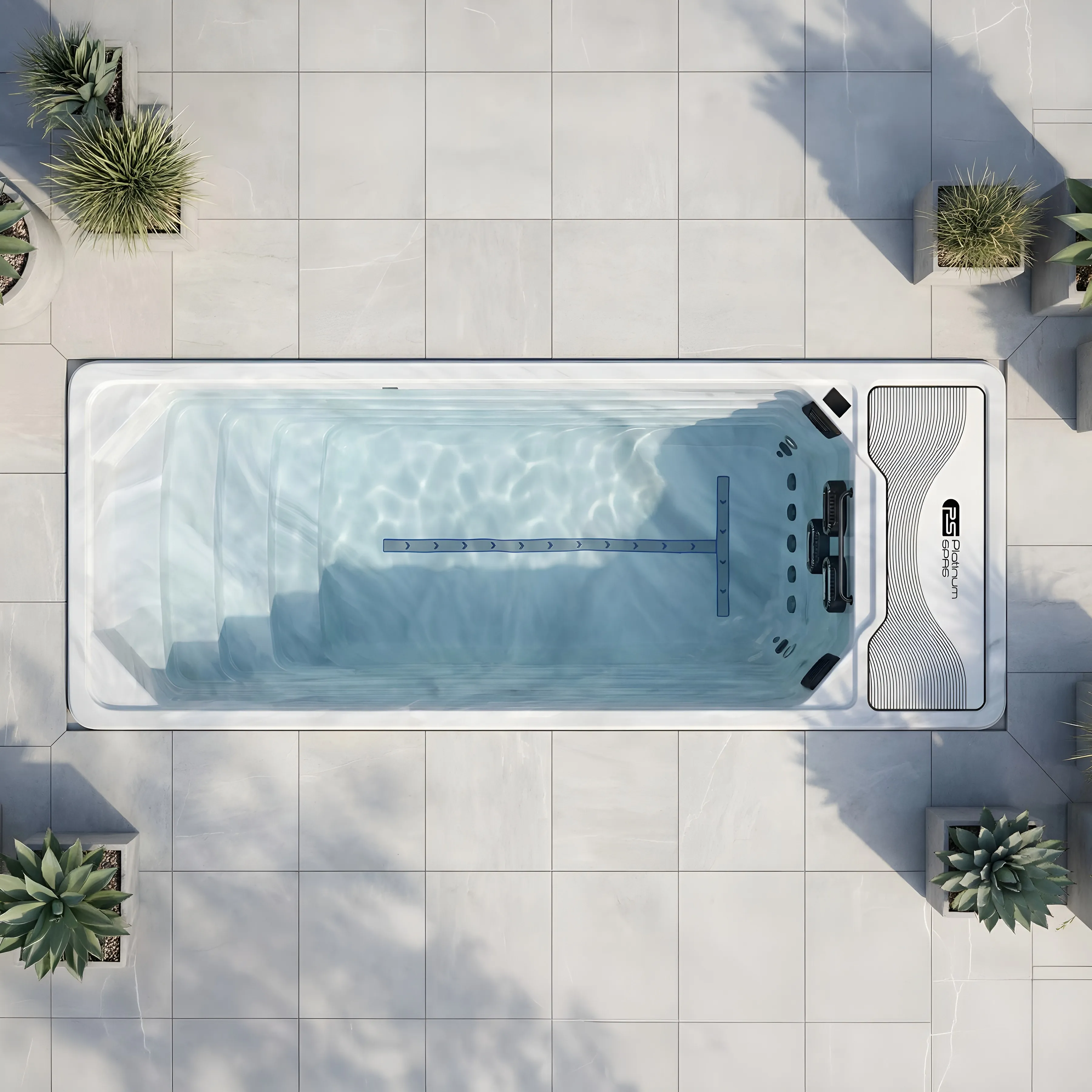 Mini piscina Chronos installata in giardino, vista d’insieme