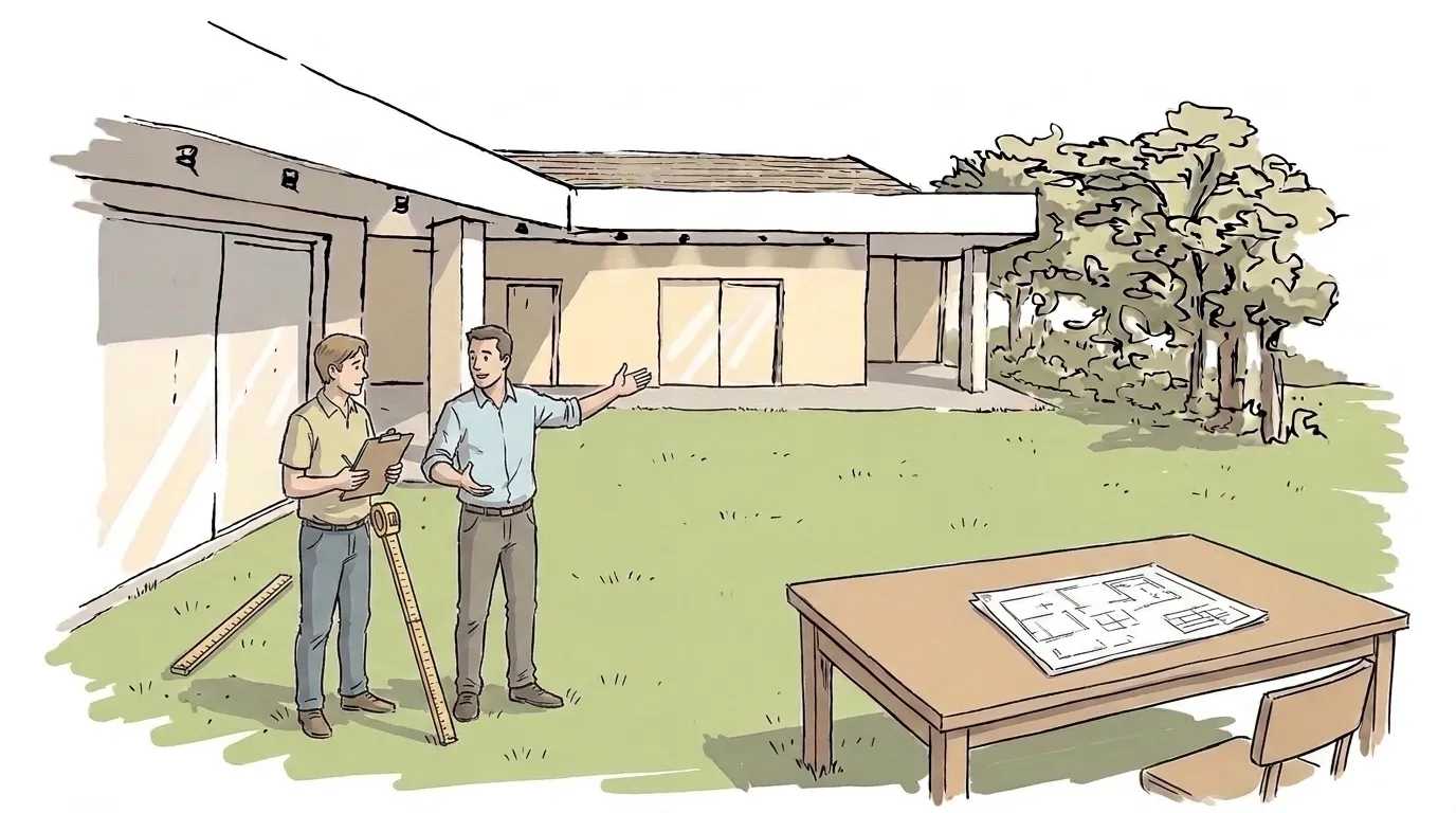 Illustrazione: due persone misurano il giardino di casa, con le piante del progetto appoggiate su un tavolo