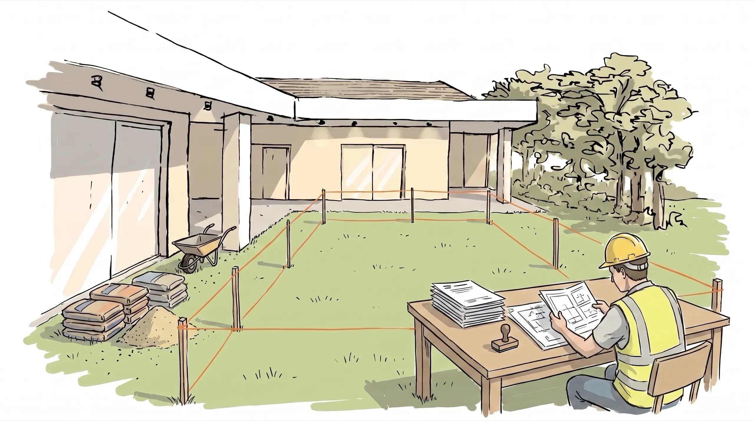 Illustrazione: il perimetro della piscina tracciato con picchetti e filo sul prato, mentre un tecnico controlla i disegni