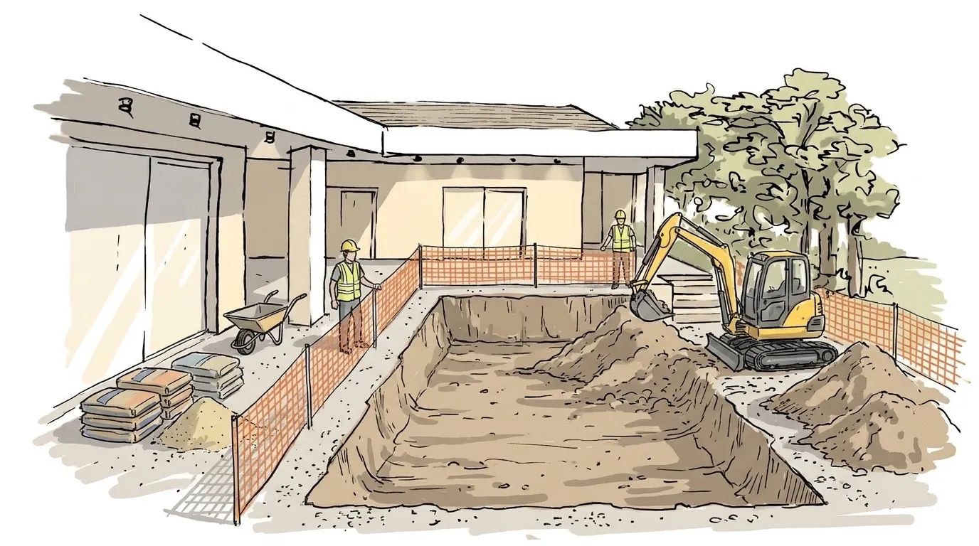 Illustrazione: lo scavo della piscina in corso, con escavatore e recinzione di cantiere
