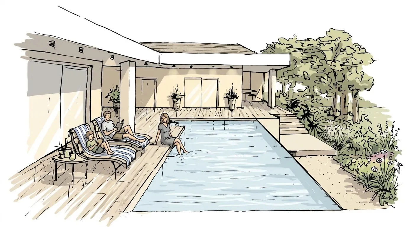 Illustrazione: la piscina finita con il decking in legno, una famiglia sui lettini e il giardino fiorito