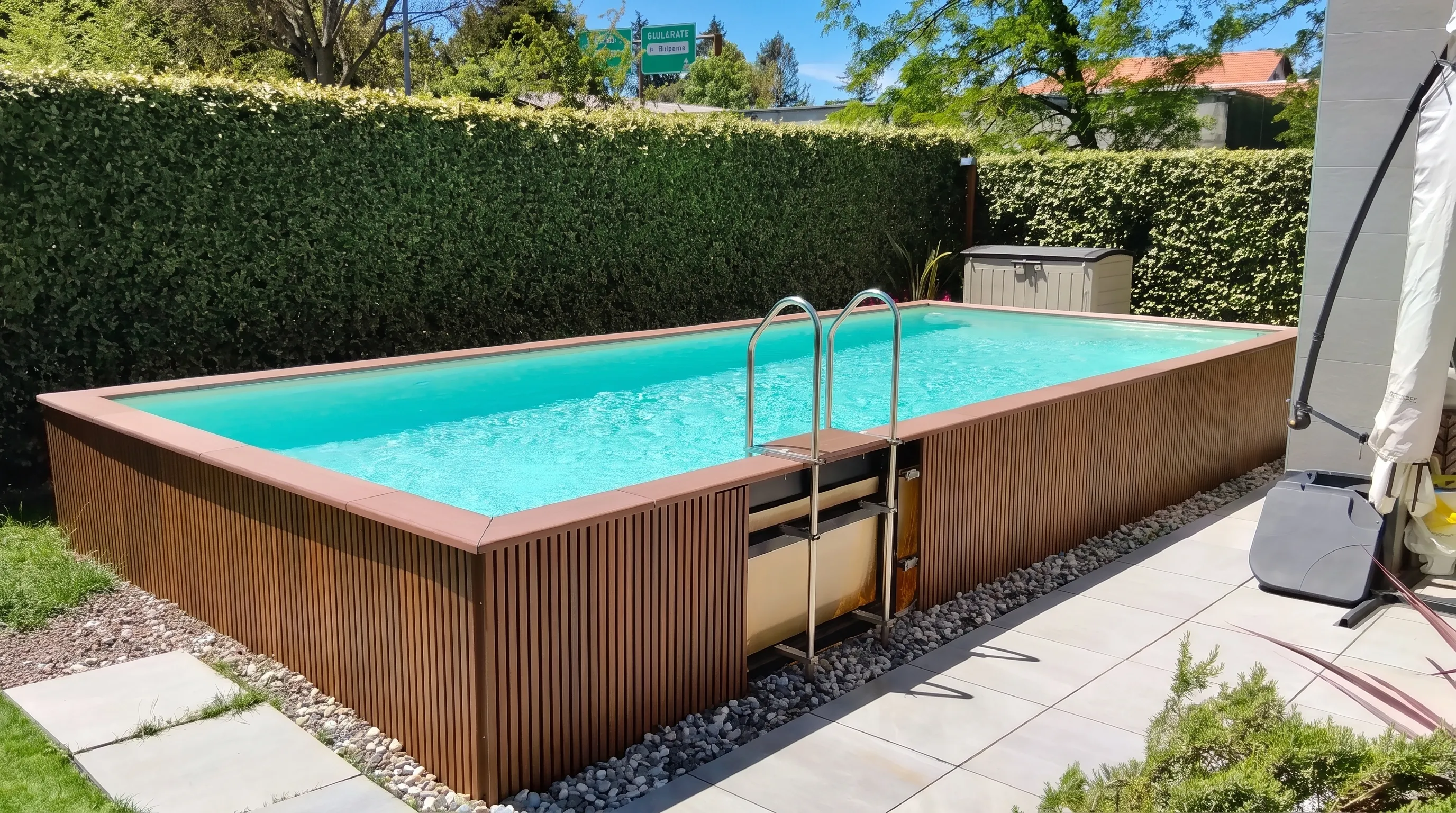 Piscina fuori terra con rivestimento effetto legno in un giardino soleggiato