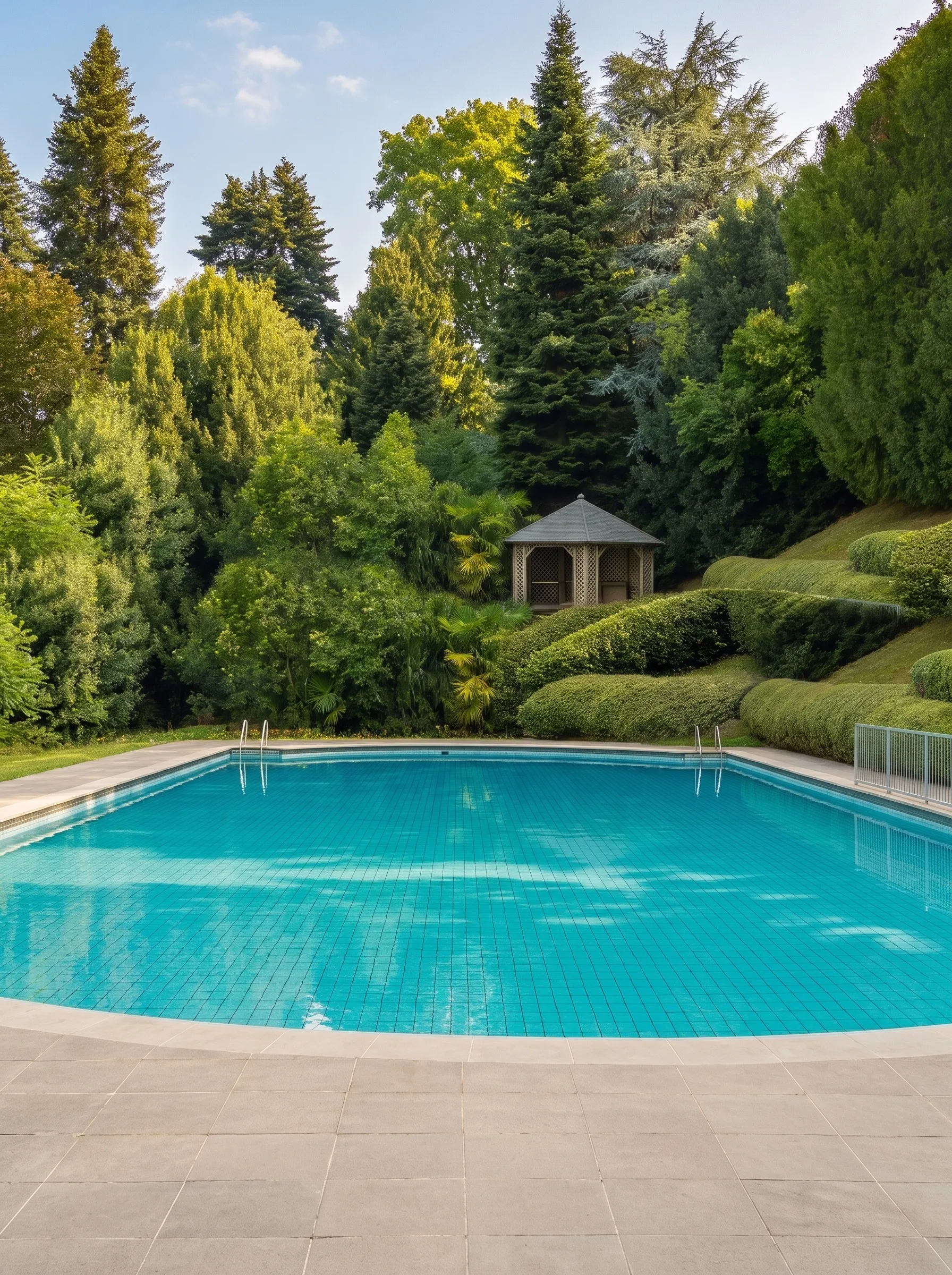 Piscina interrata Greenjoy in un giardino alberato, con siepi curate e gazebo sullo sfondo