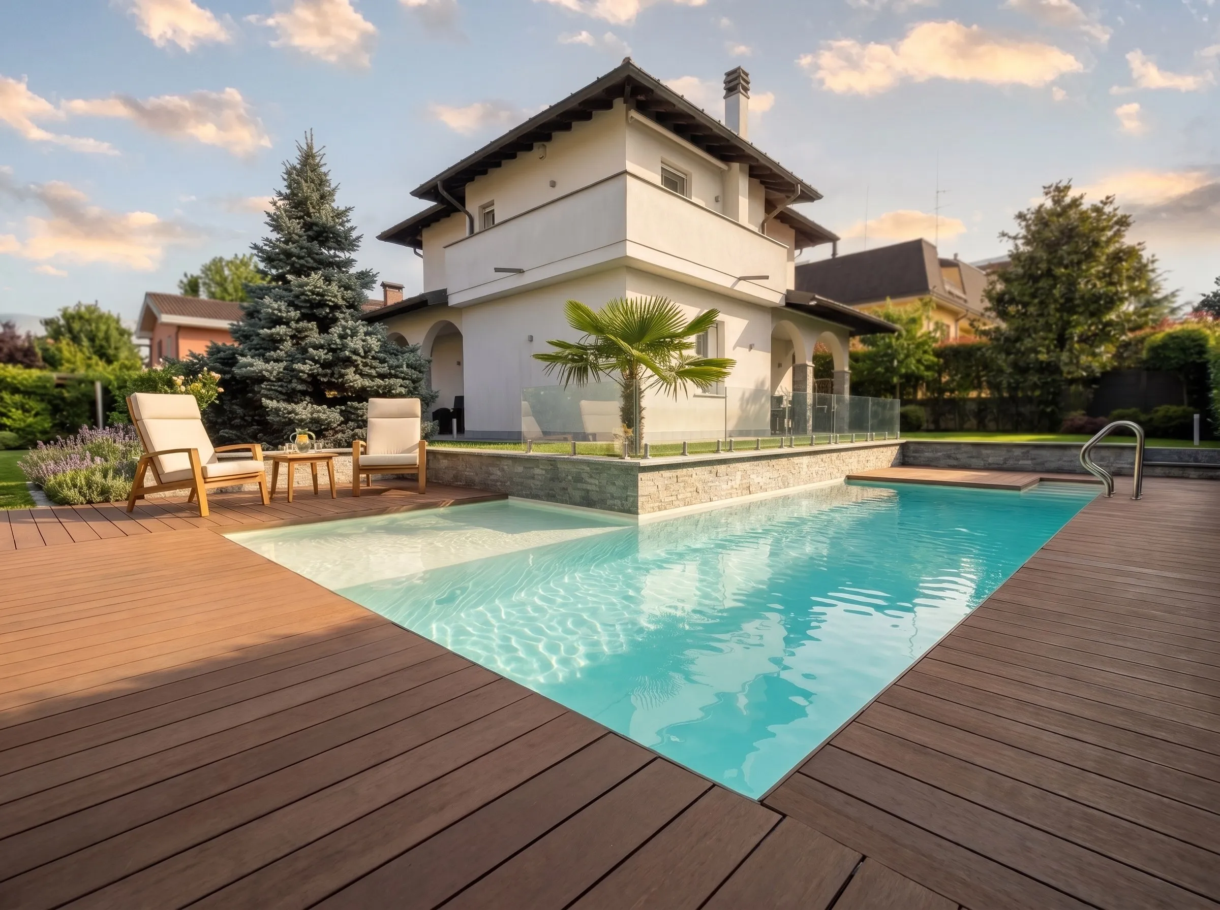 Piscina interrata con decking in legno davanti a una villa, palma e poltrone al tramonto
