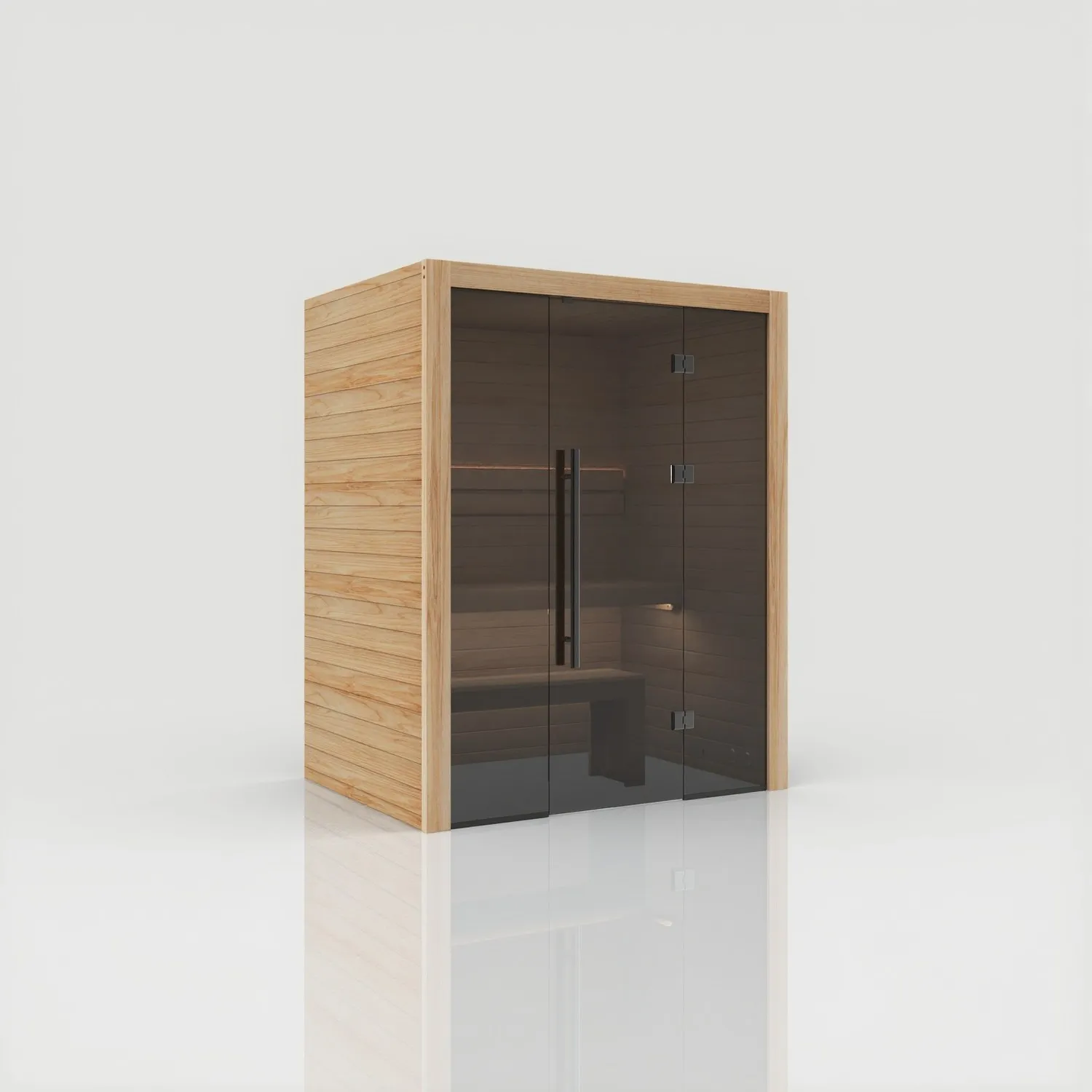 Vista frontale della sauna da interno Hekla Indoor 160 in finitura Scandi