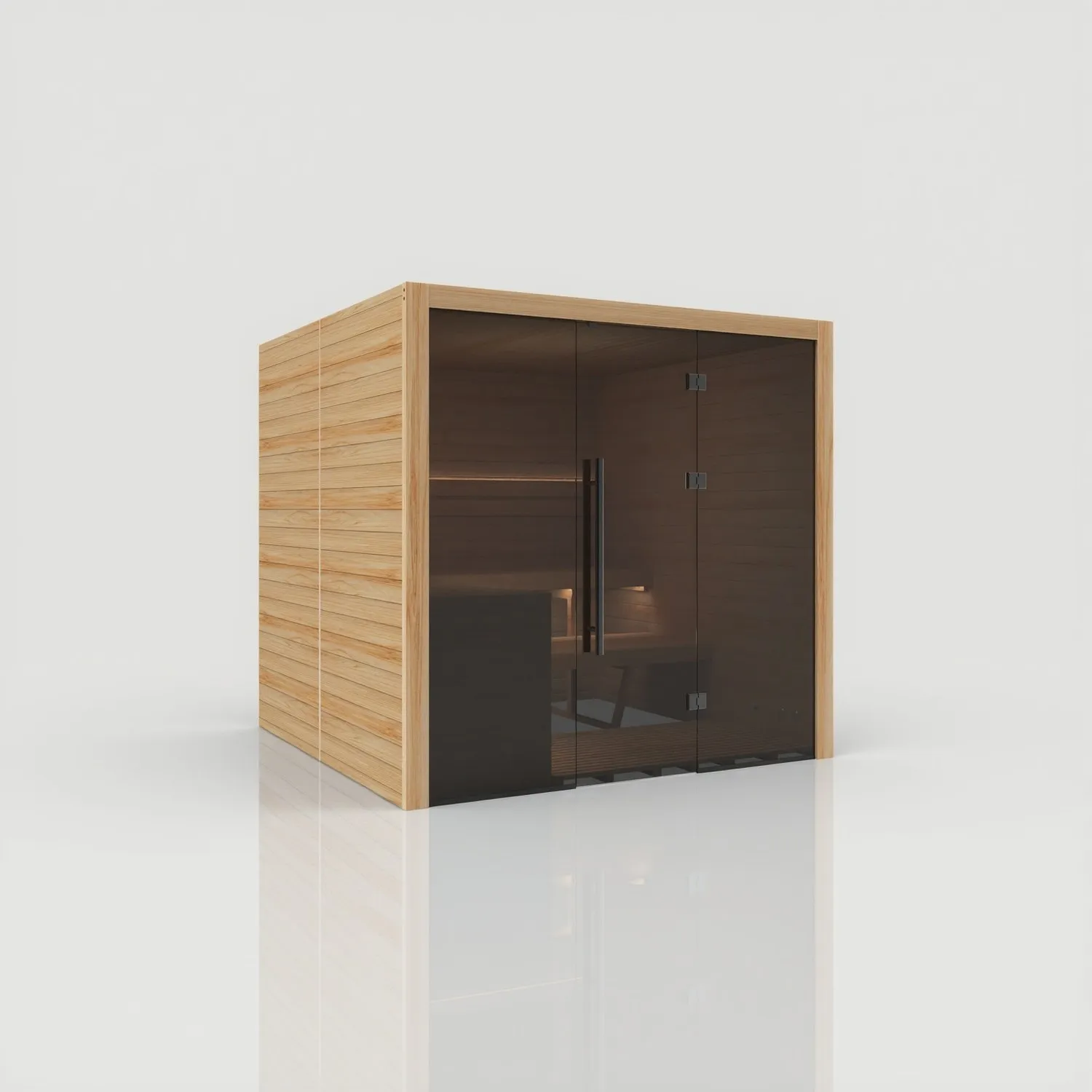 Vista frontale della sauna da interno Hekla Indoor 210X in finitura Scandi