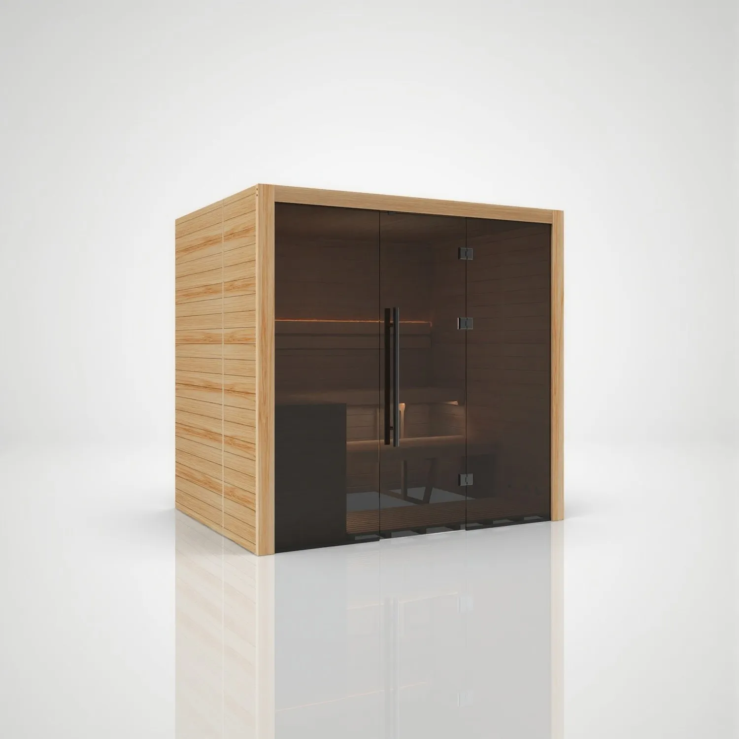 Vista frontale della sauna da interno Hekla Indoor 210 in finitura Scandi