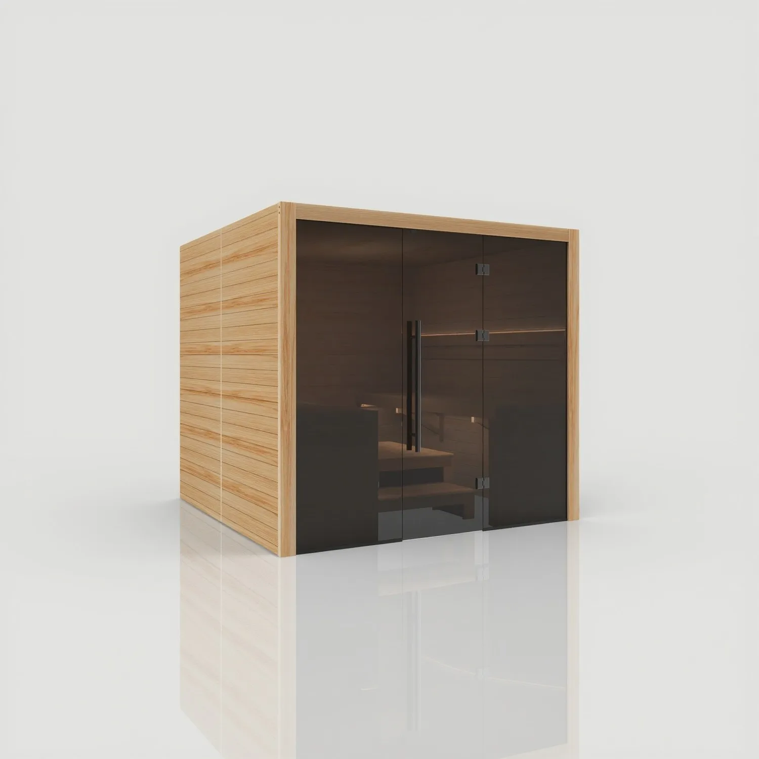Vista frontale della sauna da interno Hekla Indoor 220 in finitura Scandi
