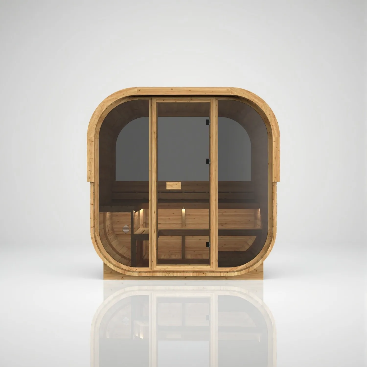 Vista frontale della sauna Hekla Cube in finitura Scandi, con la vetrata sulla facciata