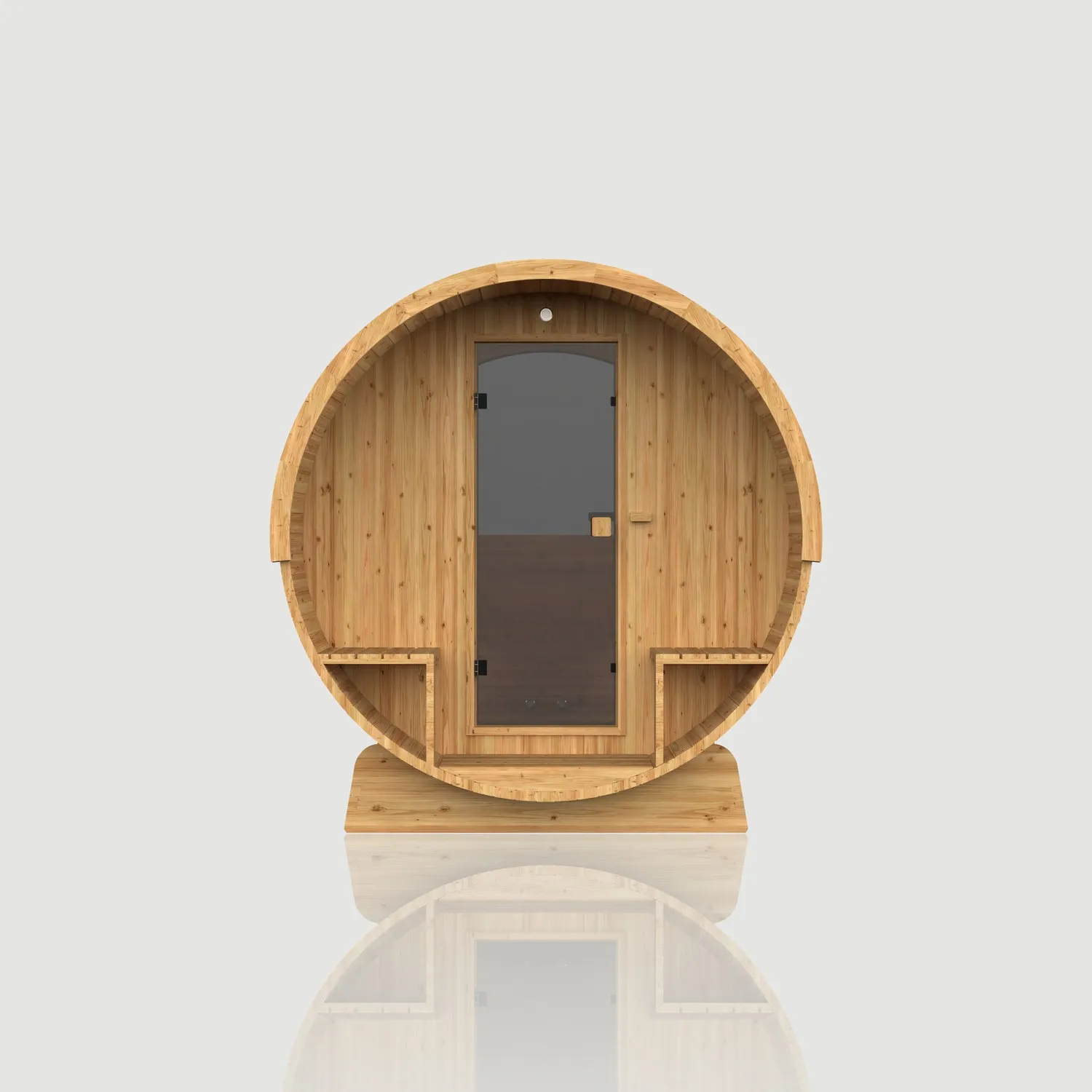 Vista frontale della sauna a botte Hekla Barrel in finitura Scandi