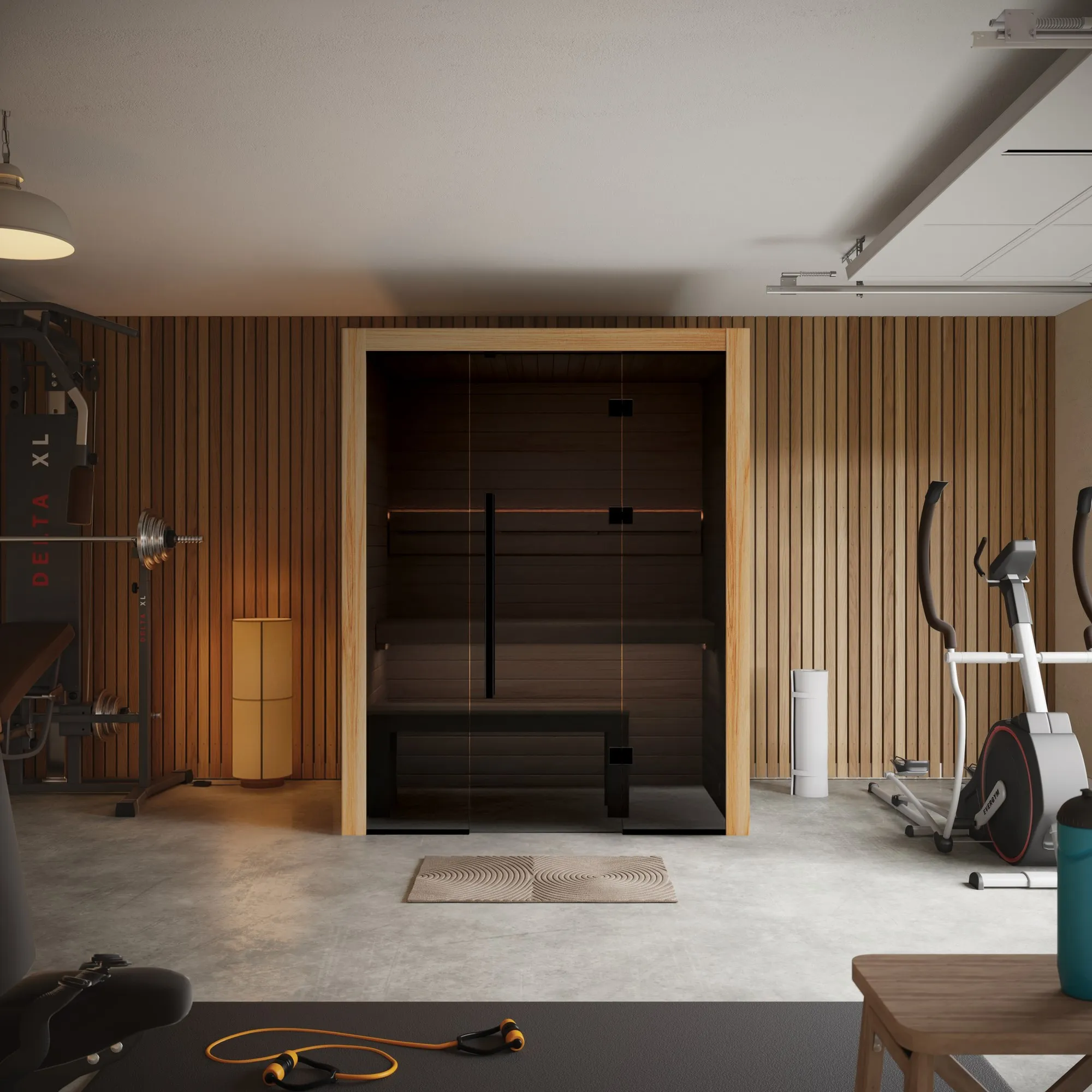 Sauna finlandese Hekla in finitura Scandi, inserita in una zona fitness domestica